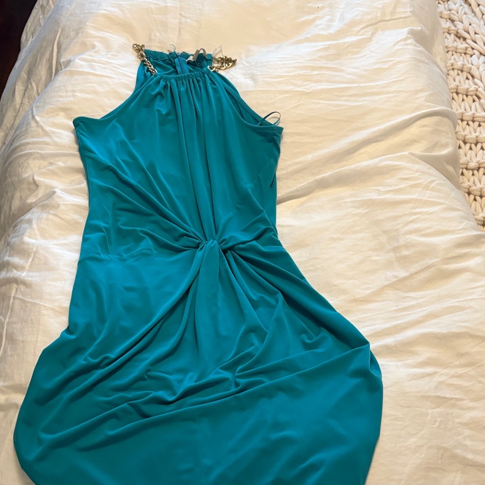 Michaels Teal Backless Dress with Gold Accents
